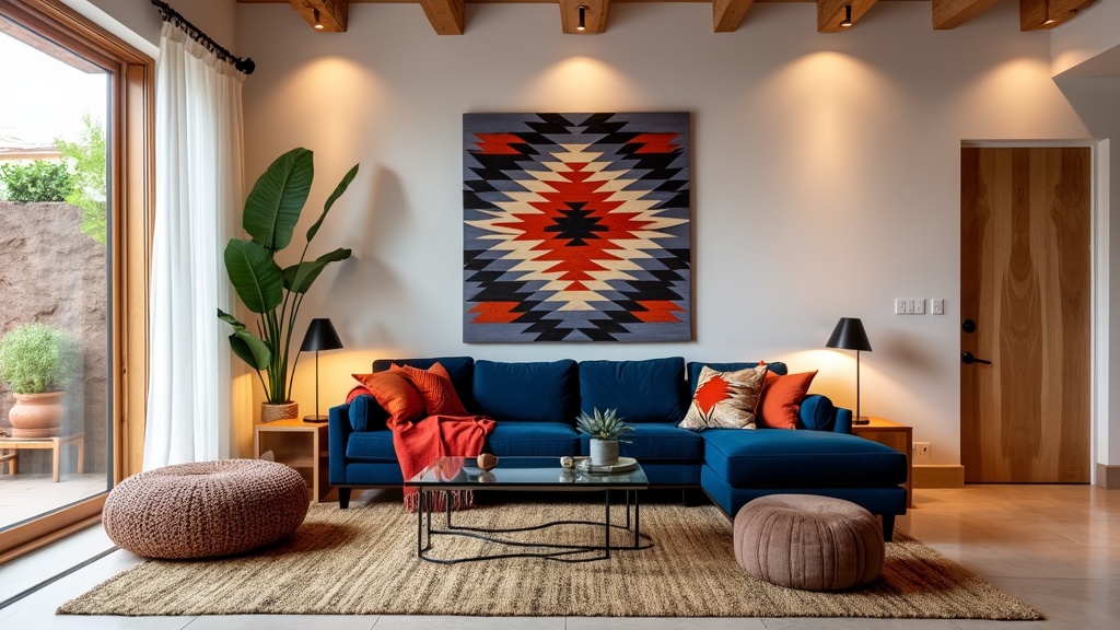 Contemporary Pueblo living room with white walls, rich wood accents, Native American art, and a navy sofa.