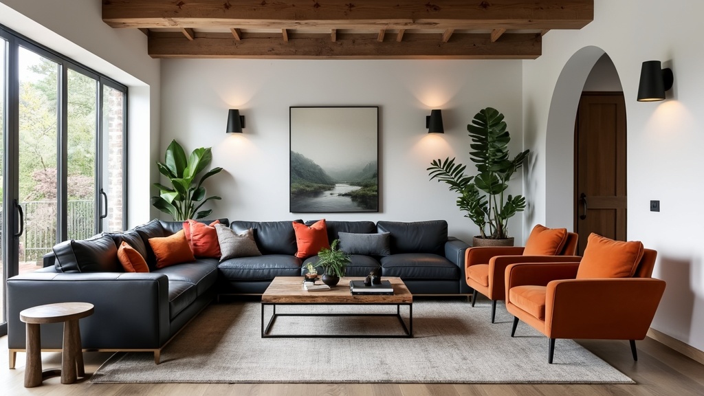 Contemporary rustic living room with white walls, wooden beams, sleek gray sectional, and potted plants.