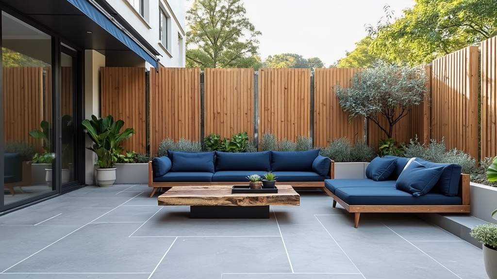 Contemporary Scandinavian patio with gray porcelain tiles, wooden slats, navy seating, and plants.