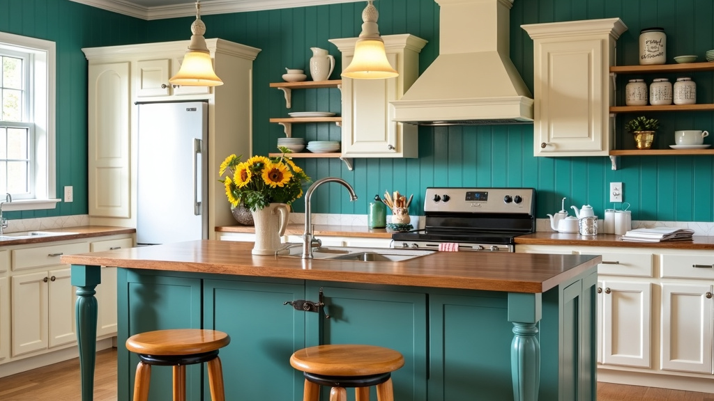 A vintage-style kitchen with cream cabinetry, teal walls, a retro island, and mason jar storage accents.