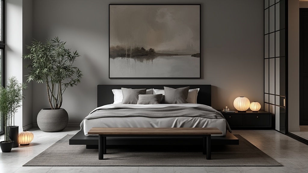 Contemporary zen bedroom in black and grey with low-profile bed, bamboo plants, and ambient lighting.