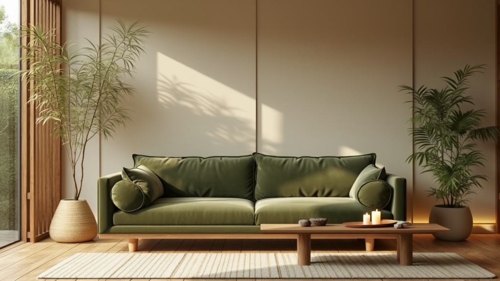 Contemporary zen living room with olive green velvet sofa, beige walls, bamboo flooring, and plants.