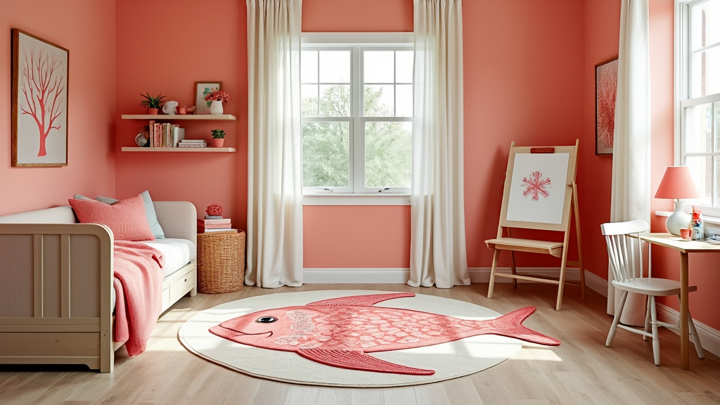 A vibrant coastal room with coral accents, sandy walls, a fish-shaped rug, and a mini art station.