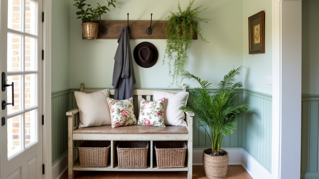 Charming entryway with pastel walls, wooden bench, floral cushions, coat rack, and potted ferns.