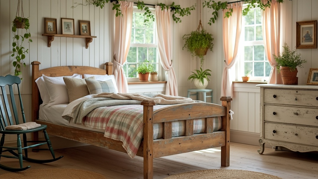 A rustic bedroom with a worn wood bed, soft plaid bedding, pastel curtains, and vintage furniture accents.