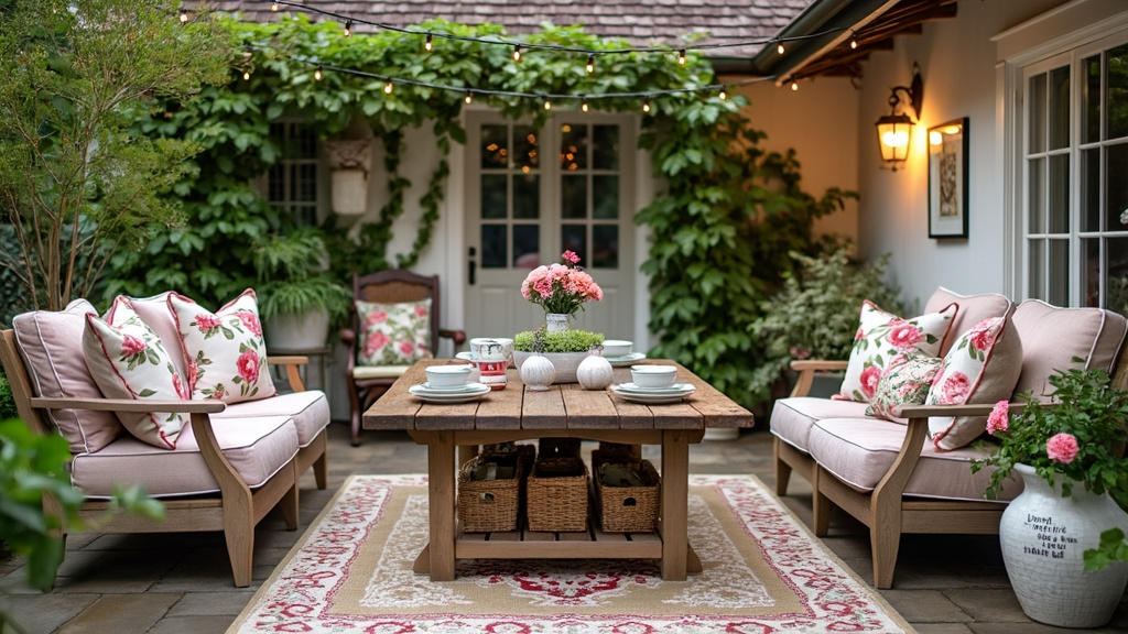 Cozy patio with rustic wooden furniture, floral textiles, glazed pottery, fairy lights, and garden stakes.