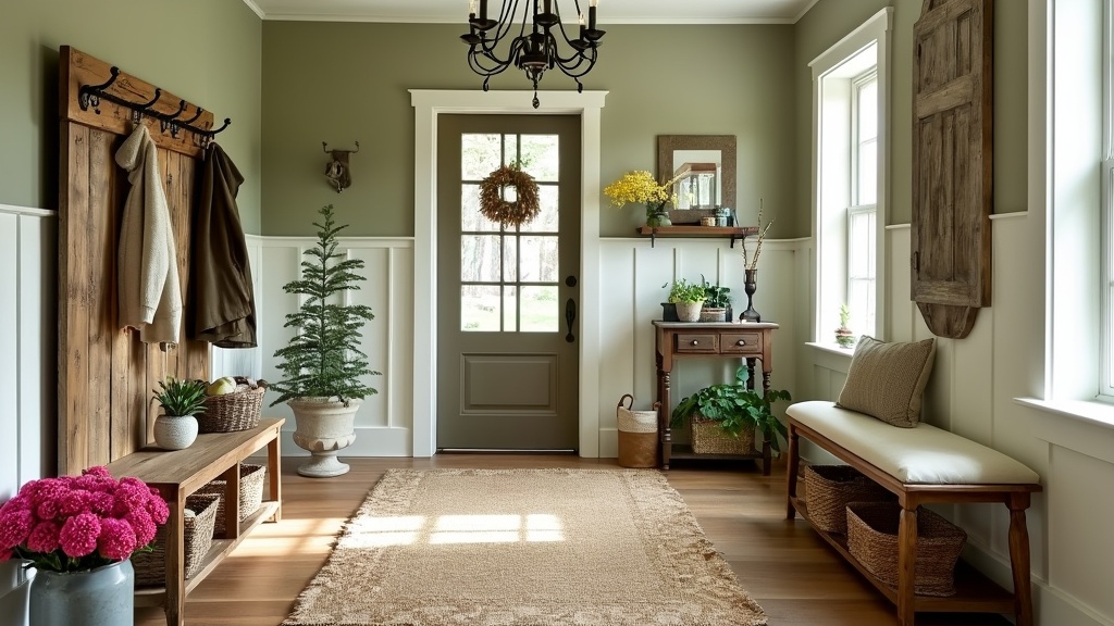 Country Charm Entryway with reclaimed wood bench, shiplap wall, sage green tones, jute rug, rustic coat rack.