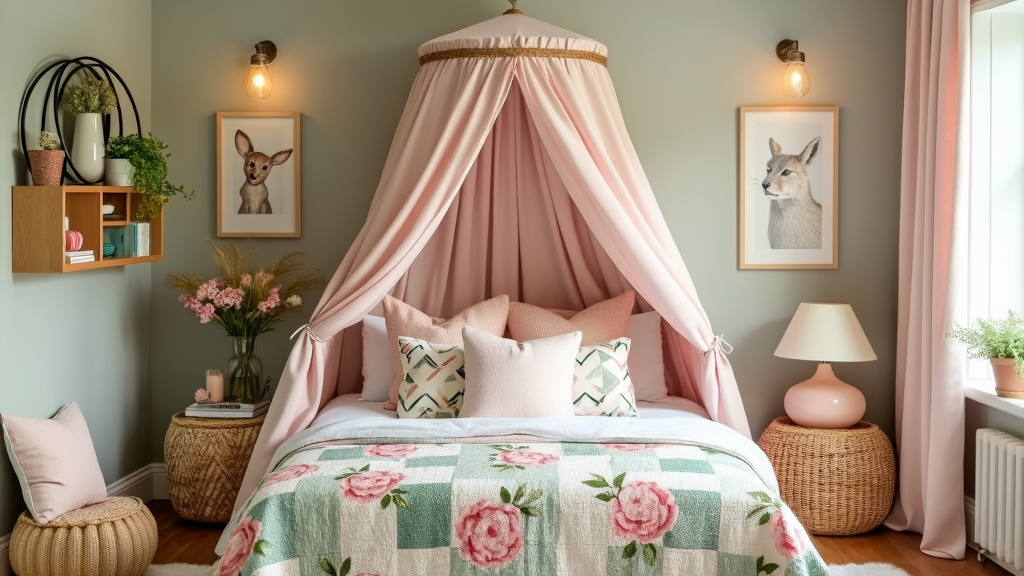Charming children's room with a canopy bed, pastel decor, vintage furniture, and animal art.