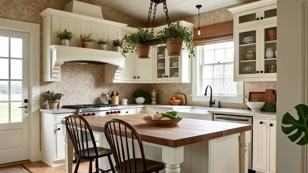 Country chic farmhouse kitchen with beige cabinetry, vintage wallpaper, large butcher block island, and herb pots.