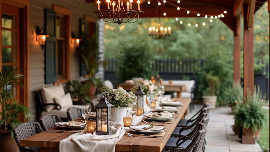 A chic outdoor dining area featuring a rustic wooden table, elegant glass accents, and warm lanterns.