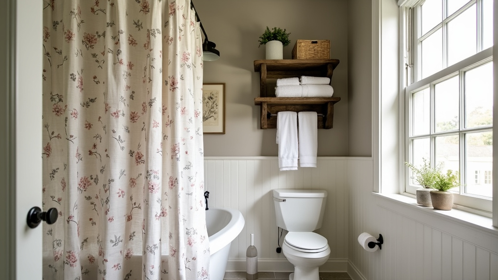 Cozy farmhouse bathroom with taupe walls, white trim, floral shower curtain, and rustic wood accents.