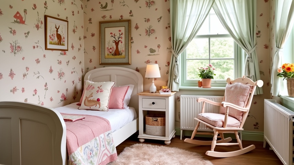 Cozy children's room with floral wallpaper, rustic furniture, a wooden bed, rocking chair, and colorful decor.