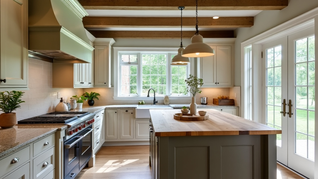 Elegant farmhouse kitchen with muted taupe and warm white, sleek cabinetry, rustic island, and bay window.