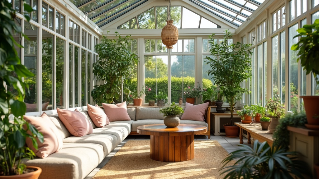 Countryside Conservatory Vibes design with large glass panels, plush seating, and lush potted plants.