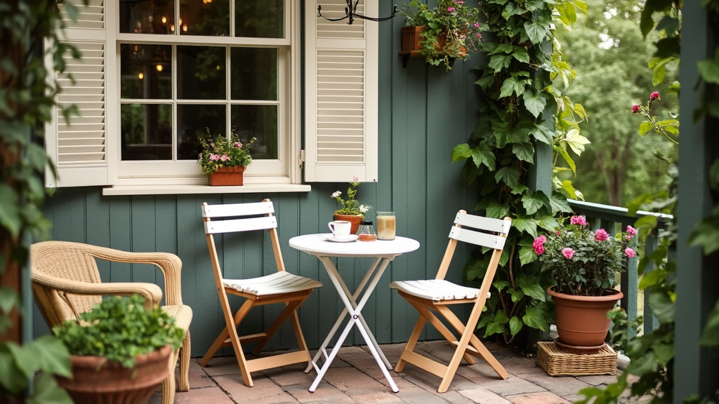 Cozy patio nook with bistro table, climbing roses, ivy trellises, and comfortable folding chairs.