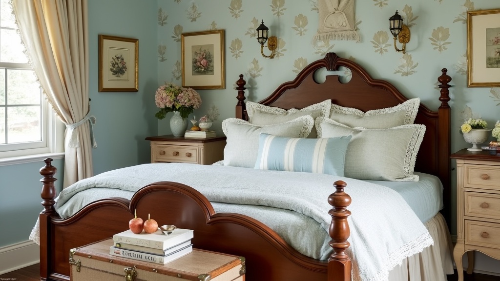 Serene countryside bedroom with soft blue and cream decor, wooden bed, vintage side tables, and floral prints.