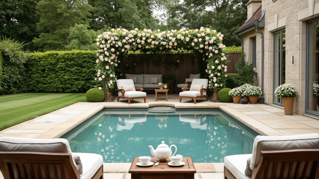 Serene pool area with neutral colors, climbing roses, natural stone tiles, and an antique wooden table.