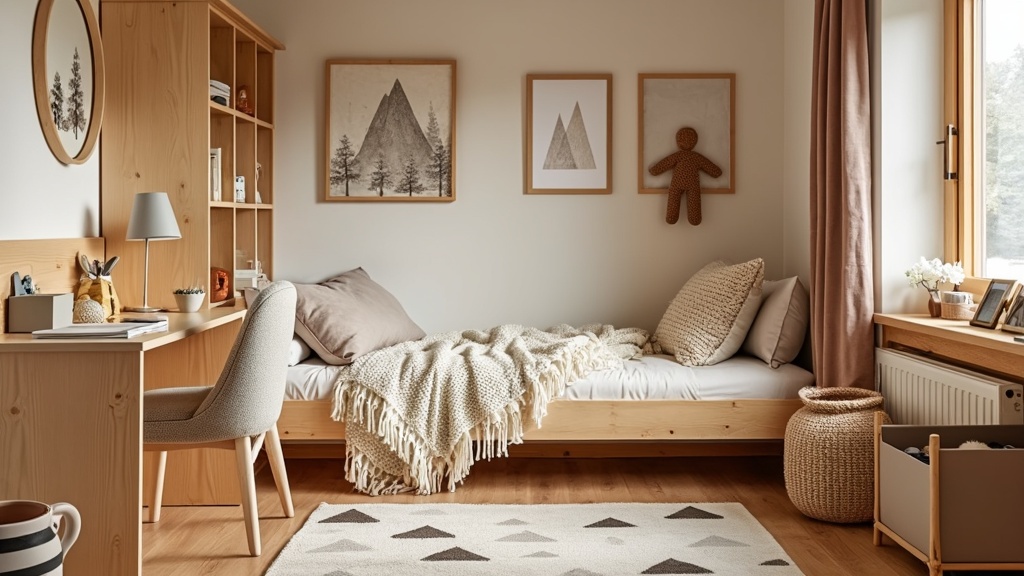 Mid-century modern children's room with warm wood, cozy textiles, nature art, and a playful atmosphere.