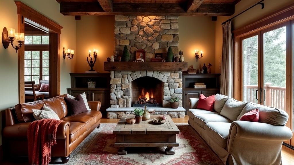 Cozy cabin living room with reclaimed wood, stone fireplace, leather couch, and warm earthy tones.