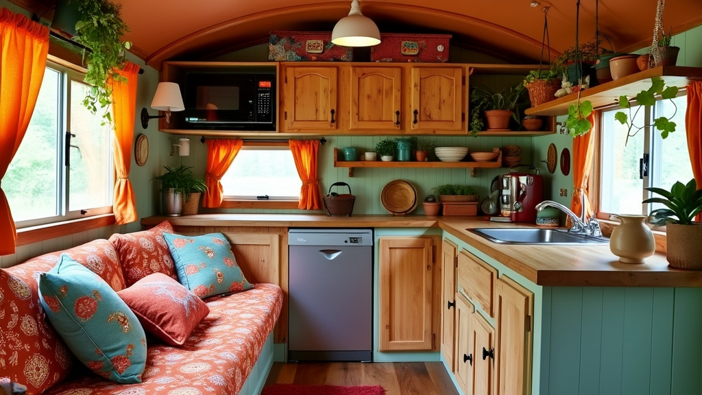 Cozy kitchen inspired by travel, featuring warm earth tones, repurposed wood, vibrant textiles, and plants.