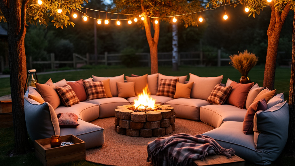 Cozy outdoor campout with circular cushion seating, fire pit, fairy lights, and plaid blankets for gatherings.