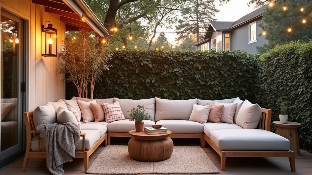 Cozy Corner Haven patio with oversized cushions, warm wood furniture, fairy lights, and textured throws.
