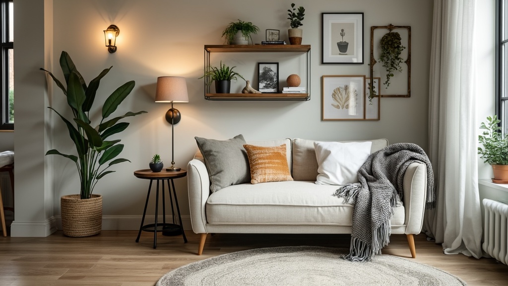 Cozy corner nook in a small apartment with a loveseat, side table, cushions, plants, and warm decor.