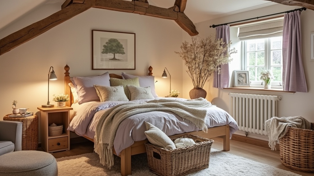 Cozy cottage bedroom with wood beams, soft colors, textured linens, wicker baskets, and a reading nook.