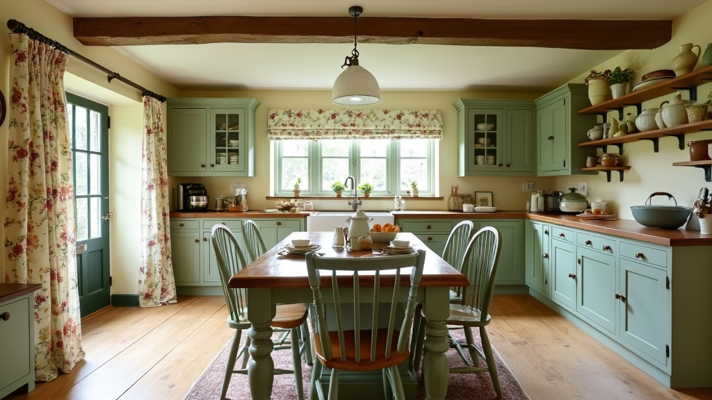 Cozy English cottage kitchen with cream and sage colors, rustic beams, farmhouse table, and vintage decor.
