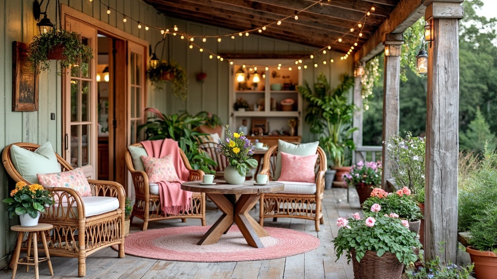 Cozy cottage patio with rustic wood beams, wicker chairs, vibrant flowers, and ambient string lights.