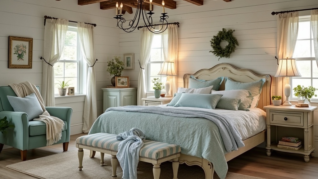 Cozy cottage bedroom with vintage furniture, soft textiles, warm colors, and whimsical decor elements.