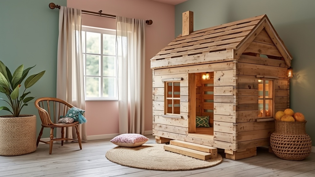 Cozy cottage-style playhouse made from weathered pallets with pastel colors and soft rug flooring.