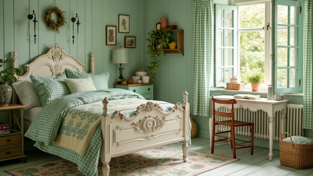 Cozy cottage bedroom with green gingham bedding, whitewashed wooden bedframe, and vintage decor.