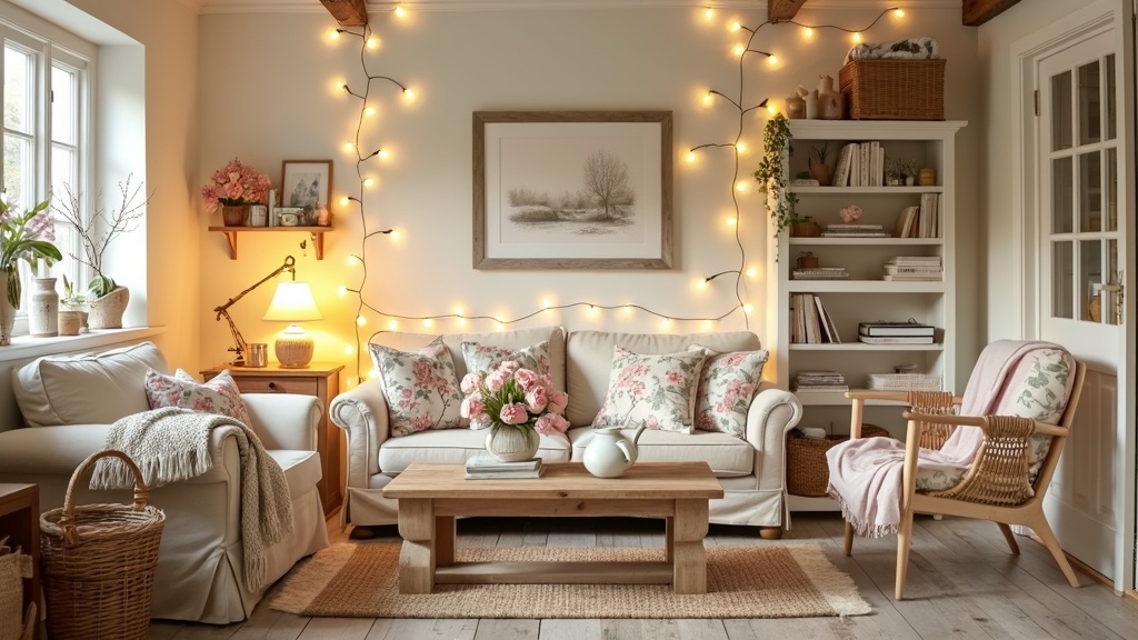 Cozy cottage living room with warm colors, vintage sofa, reclaimed wood table, and inviting decor.