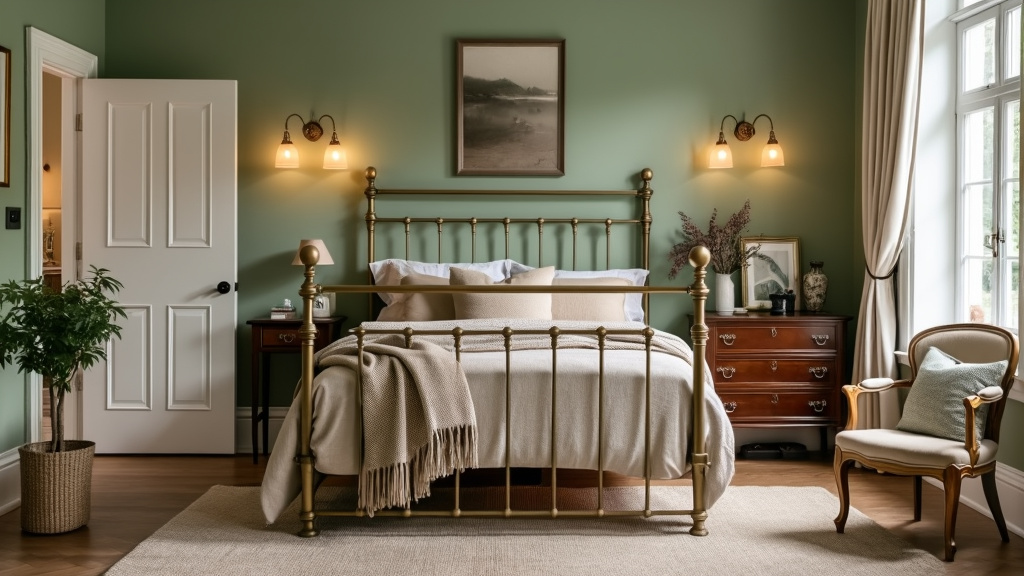 Cozy bedroom featuring an antique brass bed, warm throws, soft colors, layered rugs, and vintage light.