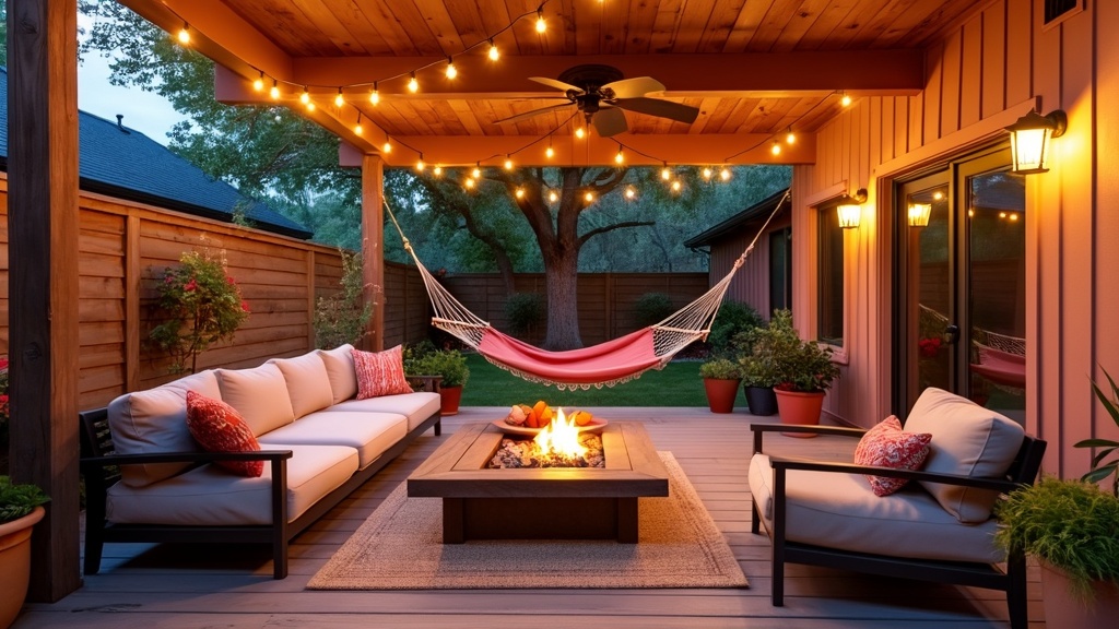 Cozy family patio with wooden decking, sectional sofa, hammock, fire pit, string lights, and potted plants.