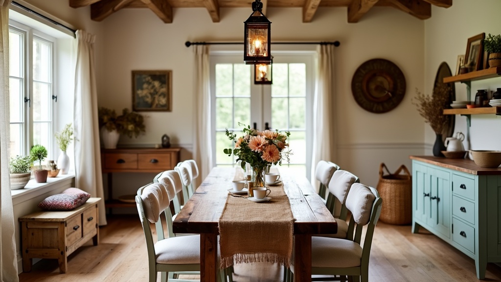 Cozy farmhouse dining room with reclaimed wood table, earthy decor, and ambient lantern lighting.