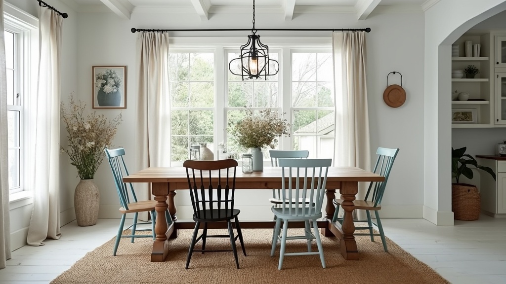 Modern rustic dining room with a farmhouse table, vintage chairs, jute rug, and natural light decor.