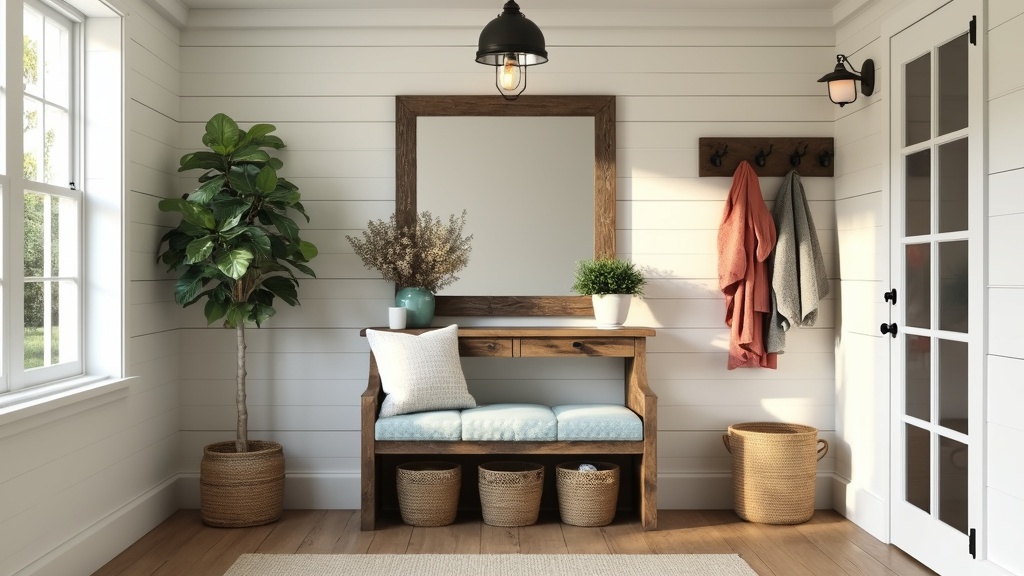 Cozy farmhouse entryway with warm whites, pastel accents, rustic coat rack, bench, and seasonal plants.