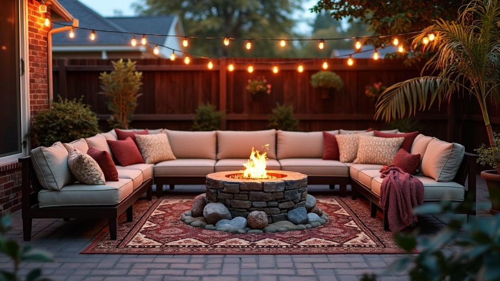 Cozy backyard fire pit lounge with weather-resistant sofas, plush cushions, string lights, and plants.