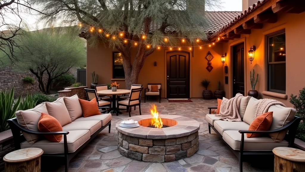 Rustic patio with firepit, cozy sofas, cobblestone floor, natural woods, and warm outdoor lights.