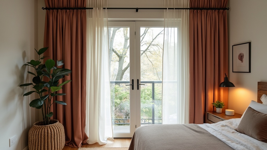 Cozy bedroom with layered curtains: velvet main layer for warmth and sheer underlay for soft light.