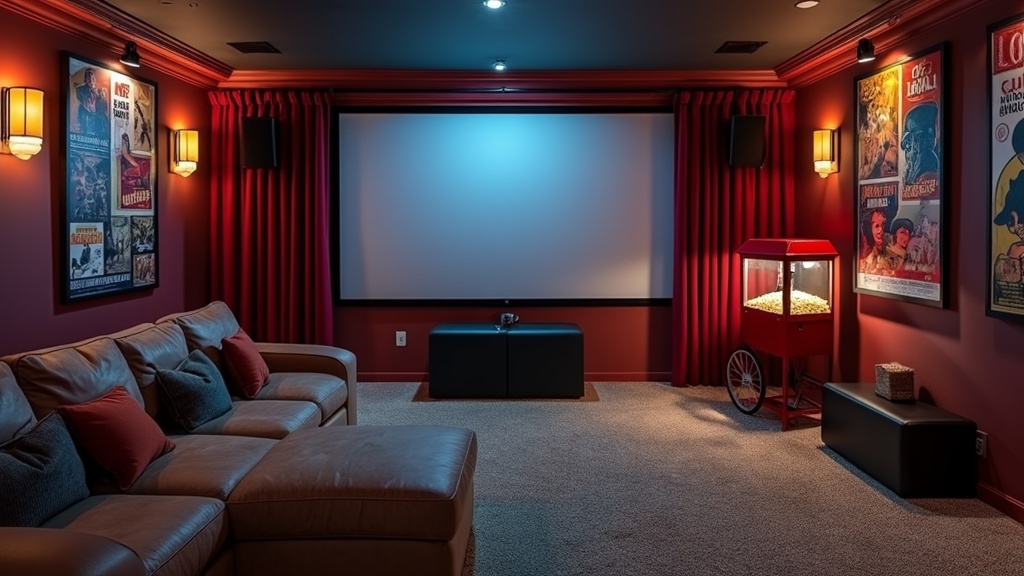 A cozy basement movie theater with a projector screen, sectional sofa, vintage posters, and popcorn machine.