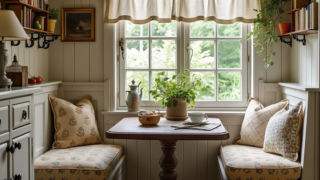Cozy nook in a vintage French kitchen with banquette seating, cushions, and a small indoor plant.