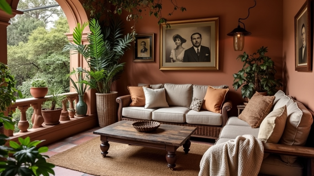 Cozy Victorian-style patio nook with vintage sofas, rustic table, textured fabrics, and family portraits.