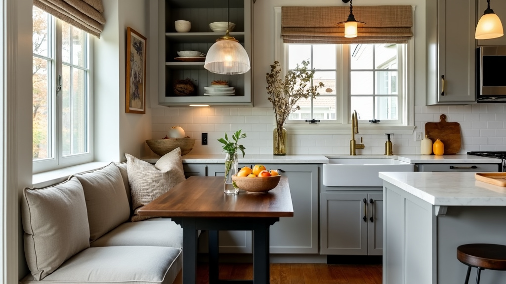 Cozy kitchen nook with banquette seating, black walnut table, light gray cabinetry, and farmhouse art.