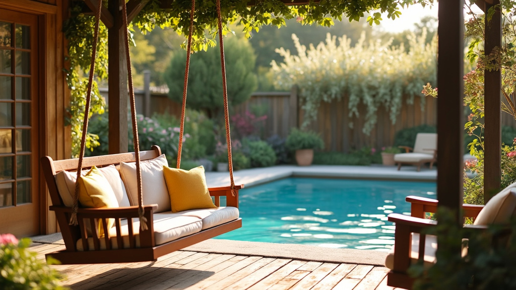 Cozy porch over a pool with rustic furniture and swing chair, surrounded by flowers and calm water.