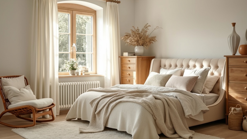 Cozy retreat bedroom with a cream and white color scheme, featuring a plush bed and warm beige accent chair.