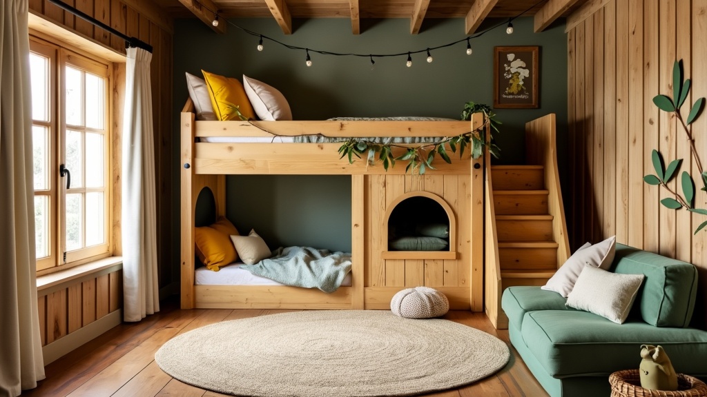 Cozy rustic treehouse children's room with wood paneling, loft bed, climbing accessories, and playful decor.