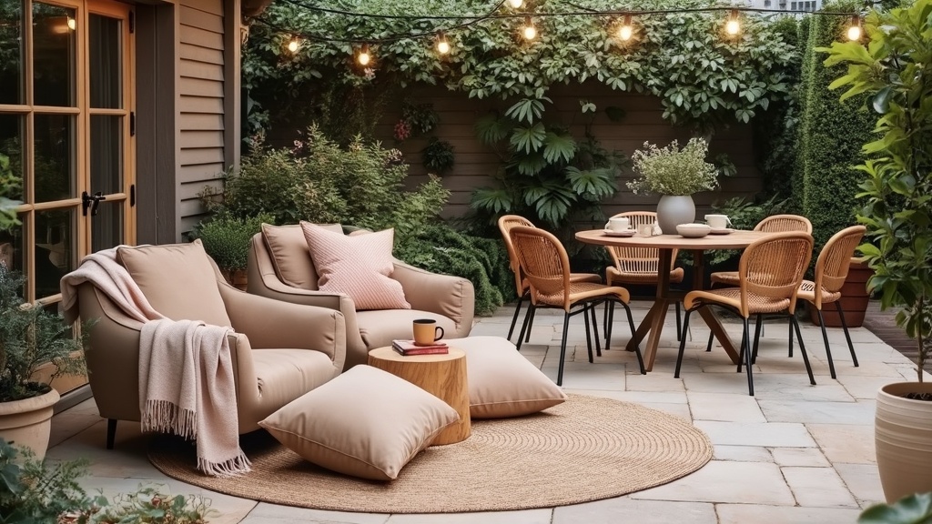 Cozy Scandinavian patio with stone and wood, green foliage, oversized chairs, rug, and string lights.